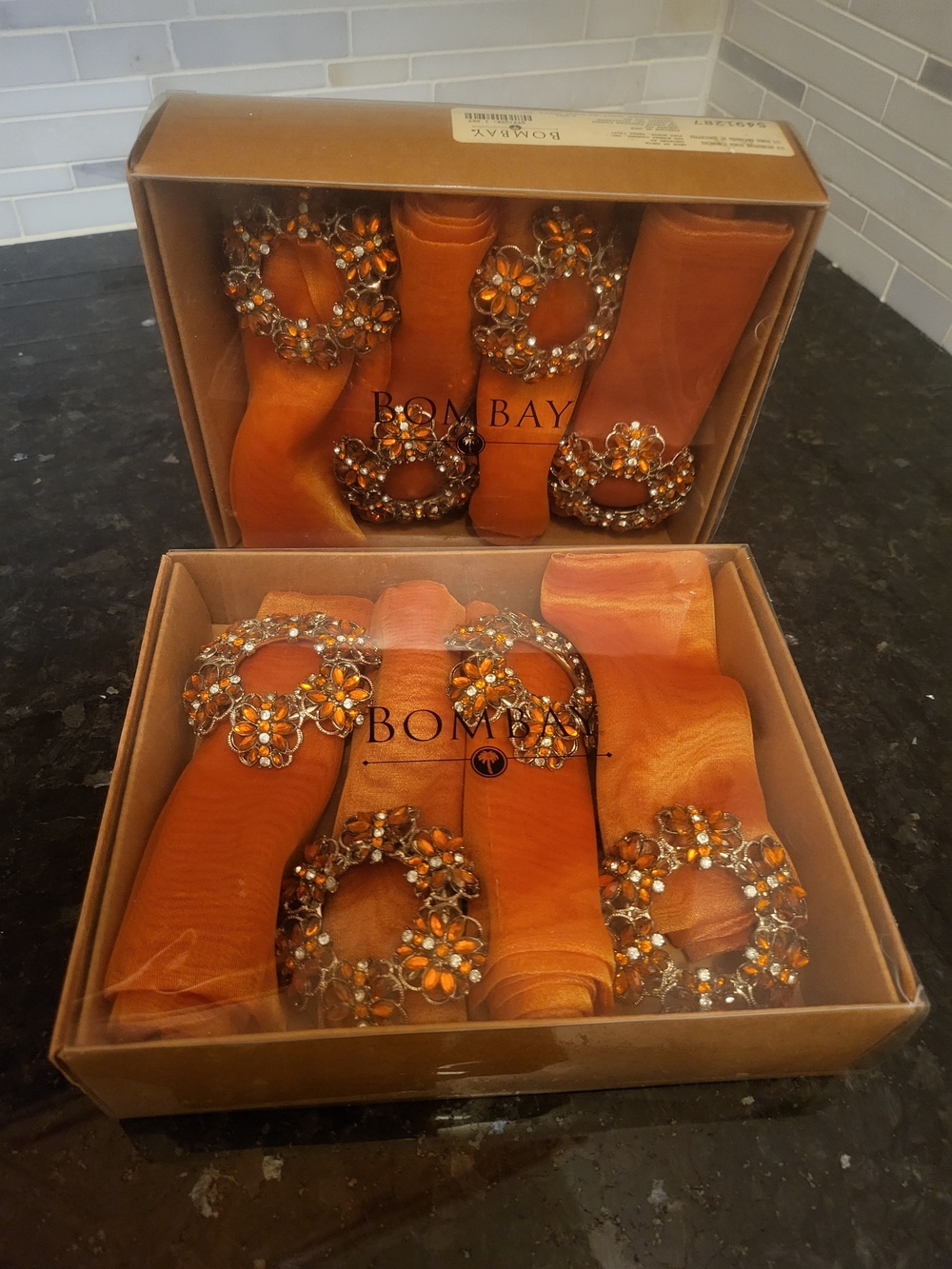 Bombay Set of 8 Rhinestone Napkin Rings w/ Orange Cloth Napkins NIB Fall Decor